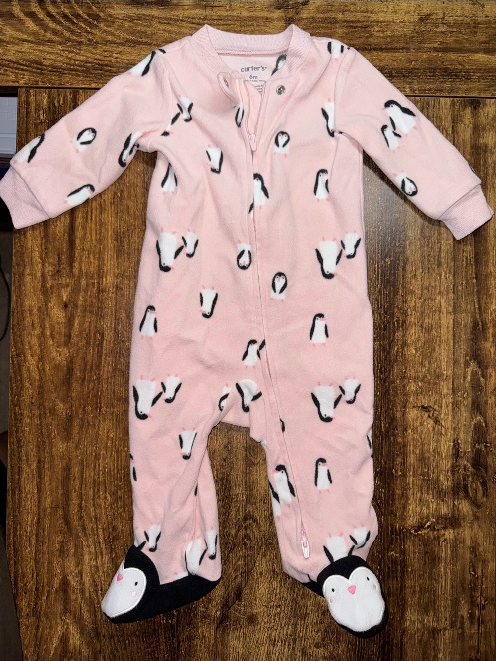 2 Carter's/absorba Pink Penguin Fleece Footed One-Piece Pajamas 6m